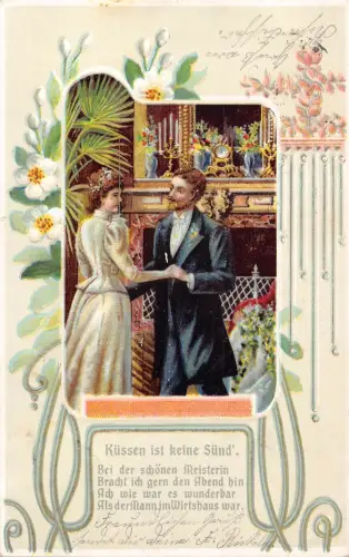 Küssen ist keine Sünde 1906 Blüte Blume Baum Paar spricht geprägte Postkarte
