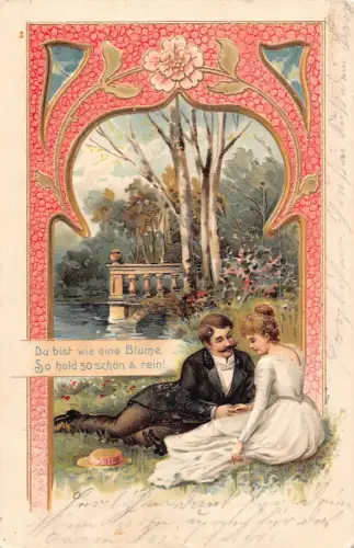 Natur 1905 schönes Paar ruht im Gras Blumen geprägte Postkarte