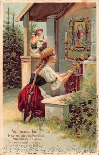 Religiös 1912 Mädchen betet an Ikone Jungfrau Maria Rosen Eltern geprägte Postkarte