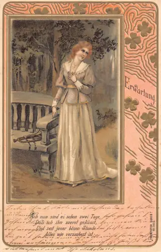 1902 Frau weißes Kleid wartet auf geliebte Kleeblätter geprägte Postkarte