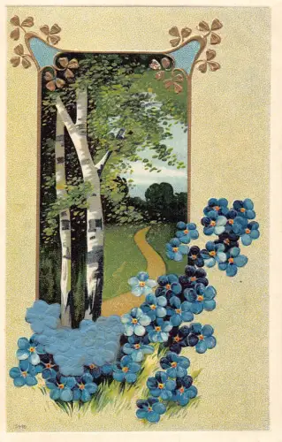 Passepartout Birken Landschaft Seide Vergissmeinnicht Blume geprägt Postkarte