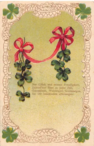 Glücksgrüße Kleeblätter im Band gebunden geprägt Vintage Postkarte