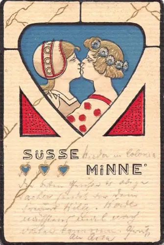 Jugendstil 1901 Paar küsst Blumen goldene Details geprägt Vintage Postkarte