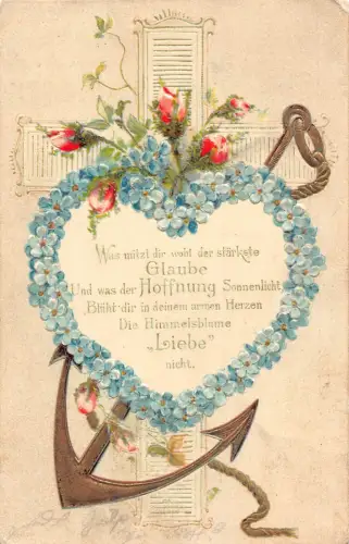 Liebesroman 1906 Kreuz Rosen Vergissmeinnicht Herz Anker Prägepostkarte