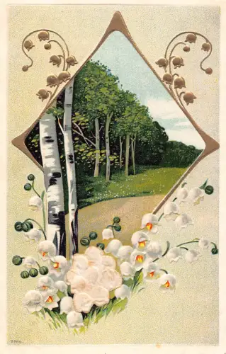 Passepartout Birkenbaum Landschaft Maiglöckchen geprägte Postkarte