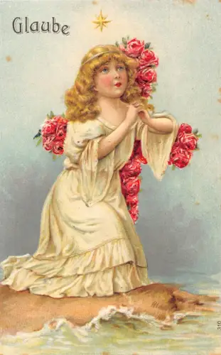 Glaube Engel Fürsorglich Rosen Kreuz Stern Meer Prägung Postkarte