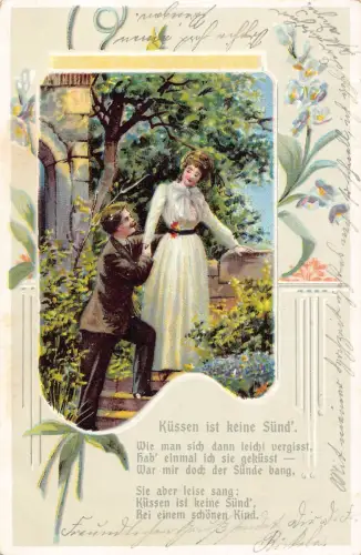 Liebesgedicht 1906 Passepartout Paar auf Treppe Blumen geprägte Postkarte
