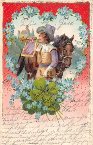 Gott beschütze dich 1904 Vergissmeinnicht Kleeblatt Pferd Trompeter geprägte Postkarte