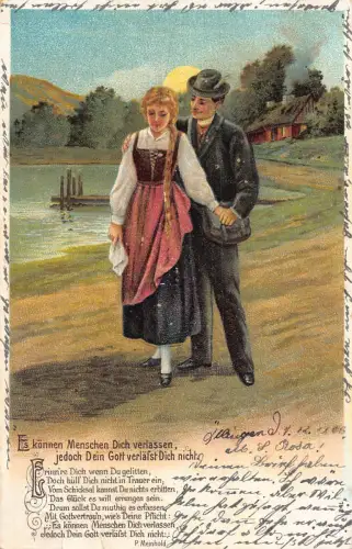 Süßes Paar bei Sonnenaufgang spazieren gehen Liebesgedicht 1906 geprägte Postkarte