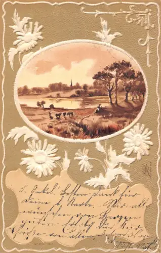 Tiere in der Nähe Seelandschaft Passepartout Gänseblümchen Blumen 1902 geprägte Postkarte