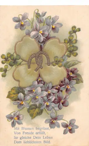 Freundschaftsgrüße Veilchen Kleeblatt Hufeisen geprägte Postkarte