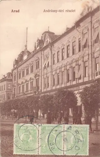 Rumänien Arad Andrassy-teri reszlet Platz Geschäfte Vintage Postkarte