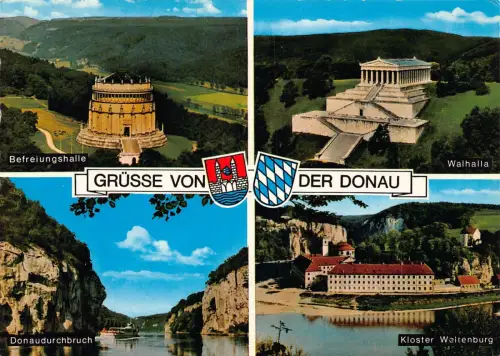 Deutschland Gruesse von Donau Walhalla Kloster Waltenburg Vintage Postkarte C441