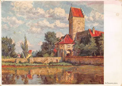 Deutschland Rothenburger Tor und Weiher Kunst von Paul Sollmann Vintage Postkarte C441
