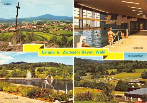 Deutschland 1982 Urlaub in Zwiesel Bayer Wald Schwimmbad Vintage Postkarte C442