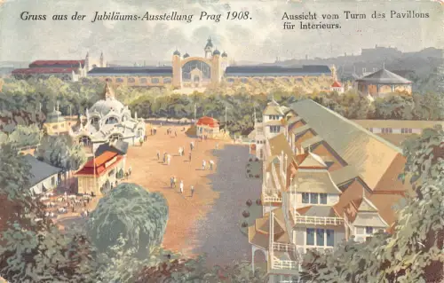 A875 Tschechien 1908 Jubiläumsausstellung Prager Turm Blick über Pavillons Postkarte