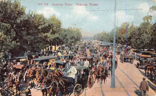 A878 Argentinien Buenos Aires Avenida Alvear Kutschen Straßenbahn Vintage Postkarte