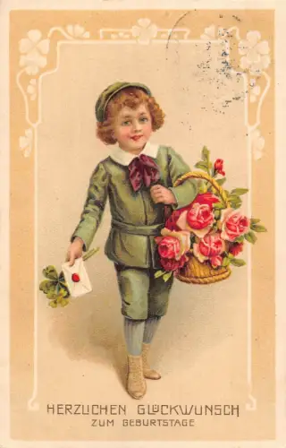 A062 Geburtstagsgrüße 1913 kleiner Junge Rosen Korb Brief Kleeblätter Postkarte