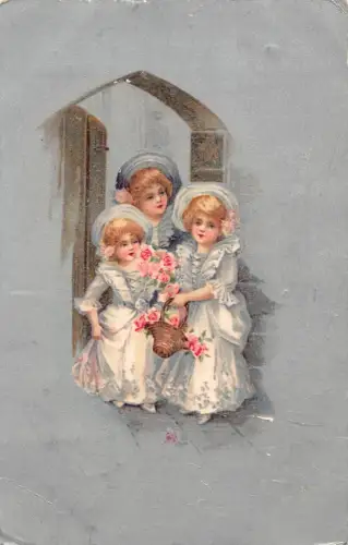 A062 Drei elegante Mädchen 1907 weiße Kleider Rosen Korb Silber Postkarte