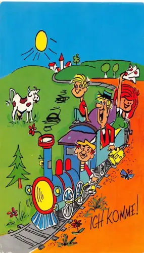 Bunte Künstler gezeichnete Postkarte Dampfzug Familie auf Reise Sonne Kuh Ich komme!