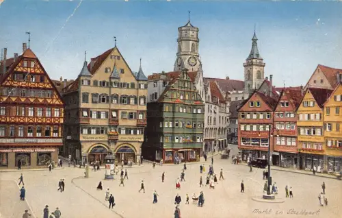 L317 Deutschland Stuttgart Marktplatz Stiftskirche Vintage Postkarte