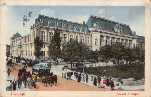 Rumänien Bukarest Bucuresti Palatul Justitiei Justizpalast Pferd Straßenbahn Postkarte
