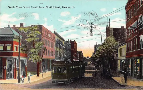 US Illinois 1911 Deatur North Main Street South Tram Vintage Postkarte B958