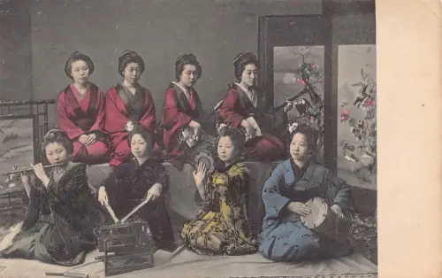 Japan Ureinwohner Ethnos 1907 Geishas spielen Musik Flöte Darbuka Vintage Postkarte B962