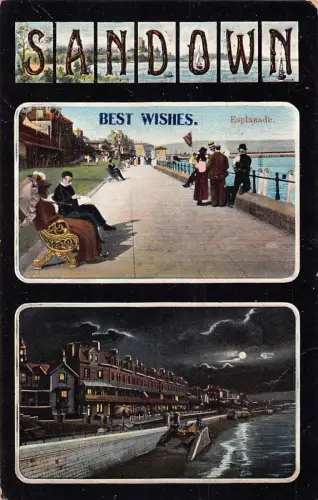 England 1906 Sandown Best Wishes Esplanade Moonlight Vintage Postkarte B963