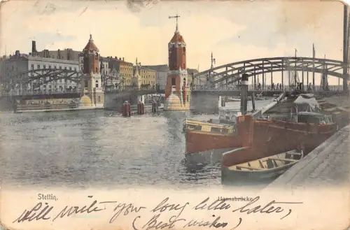 Polen 1907 Stettin Stettin Hanssabrückebrücke Dampfschiff Postkarte B963