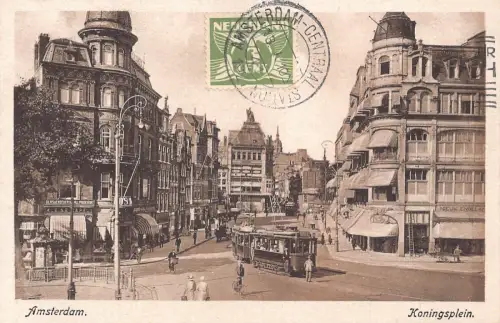Niederlande 1927 Amsterdam Königsplein Platz Straßenbahn Geschäfte Vintage Postkarte