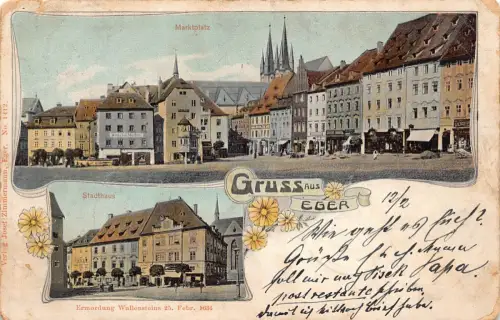 Ungarn 1906 Gruss aus Eger Blumen Stadthaus Marktplatz Vintage Postkarte B964