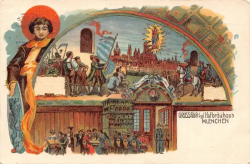 A059 Deutschland 1912 Gruss aus München Kgl Hofgräuhaus Kunst Fresken Postkarte