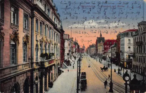 A059 Deutschland 1918 Mannheim Planken mit Burenkutschen Uhr Vintage Postkarte