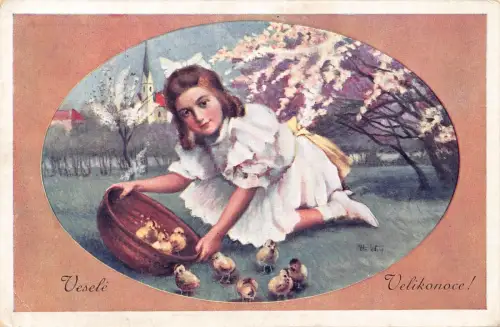 A059 Ostergrüße 1916 hübsches Mädchen Küken im Korb Blüte Bäume Postkarte