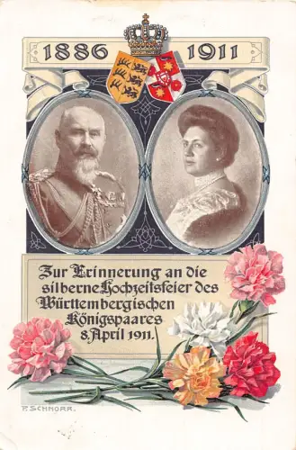 A059 Deutschland 1911 Königspaar Württemberg Hochzeit Jubiläum Blumen Postkarte
