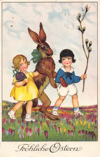 L404 Ostergrüße 1942 vermenschlichtes Kaninchen Kinder Ei Postkarte