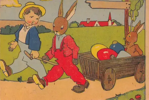 L404 Ostergrüße 1911 vermenschlichter Hasenjunge Wagen Eier Postkarte