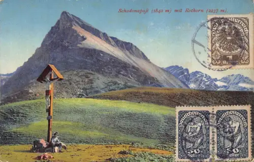 L146 Österreich 1921 Schadonapass Rothorn Straßenkreuz Hirte Vintage Postkarte