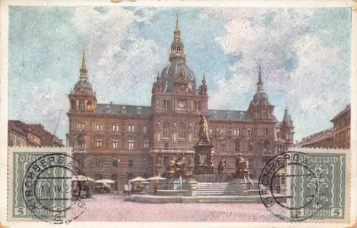 A065 Österreich 1922 Graz Rathaus Rathaus Erzherzog Johann Denkmal Postkarte