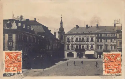 A066 Tschechien 1921 Rumburg Rumburk Platz Gebäude Vintage Postkarte