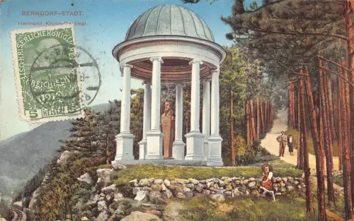 A065 Österreich 1915 Berndorf-Stadt Hermann Krupp Denkmal alte Postkarte