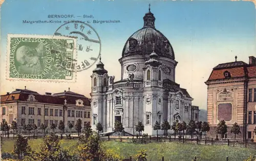 A065 Österreich 1915 Berndorf Margarethen Kirche Buergerschulen alte AK