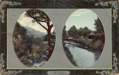 A889 England 1910 In der Dämmerung Landschaft Flusshütte Passepartout Postkarte