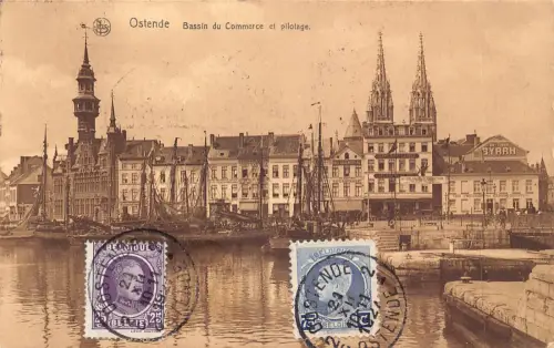 Belgien 1927 Ostende Bassin du Commerce et Pilotage Byrrhe Boote Vintage Postkarte