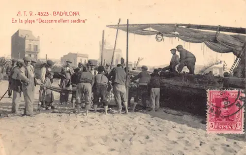 Spanien 1926 Badalona En la Playa Dessenmallant Sardina Fischer Postkarte