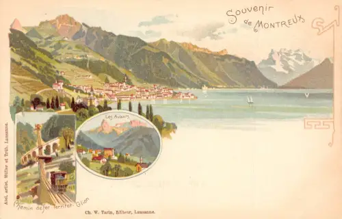 A894 Schweiz Souvenir de Montreux Eisenbahn Zug Les Avants Litho Postkarte
