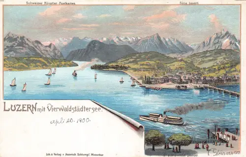 A894 Schweiz Luzern mit Vierwaldstaedtersee Dampfschiff Litho AK