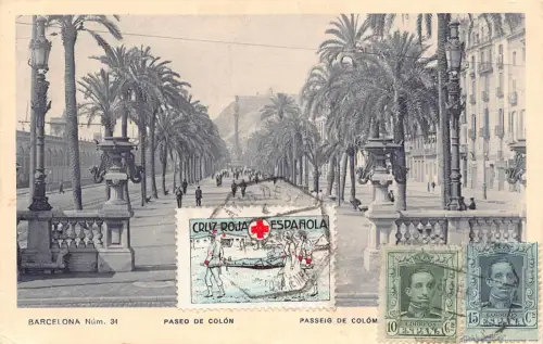 Spanien 1926 Barcelona Paseo de Colon Rotes Kreuz Briefmarke Vintage Postkarte
