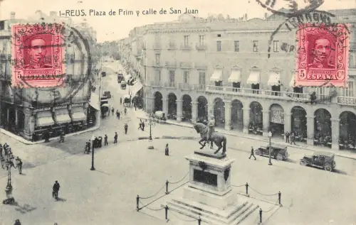 Spanien 1926 Reus Plaza de Prim y Calle de San Juan Cars Cafe de Paris Postkarte